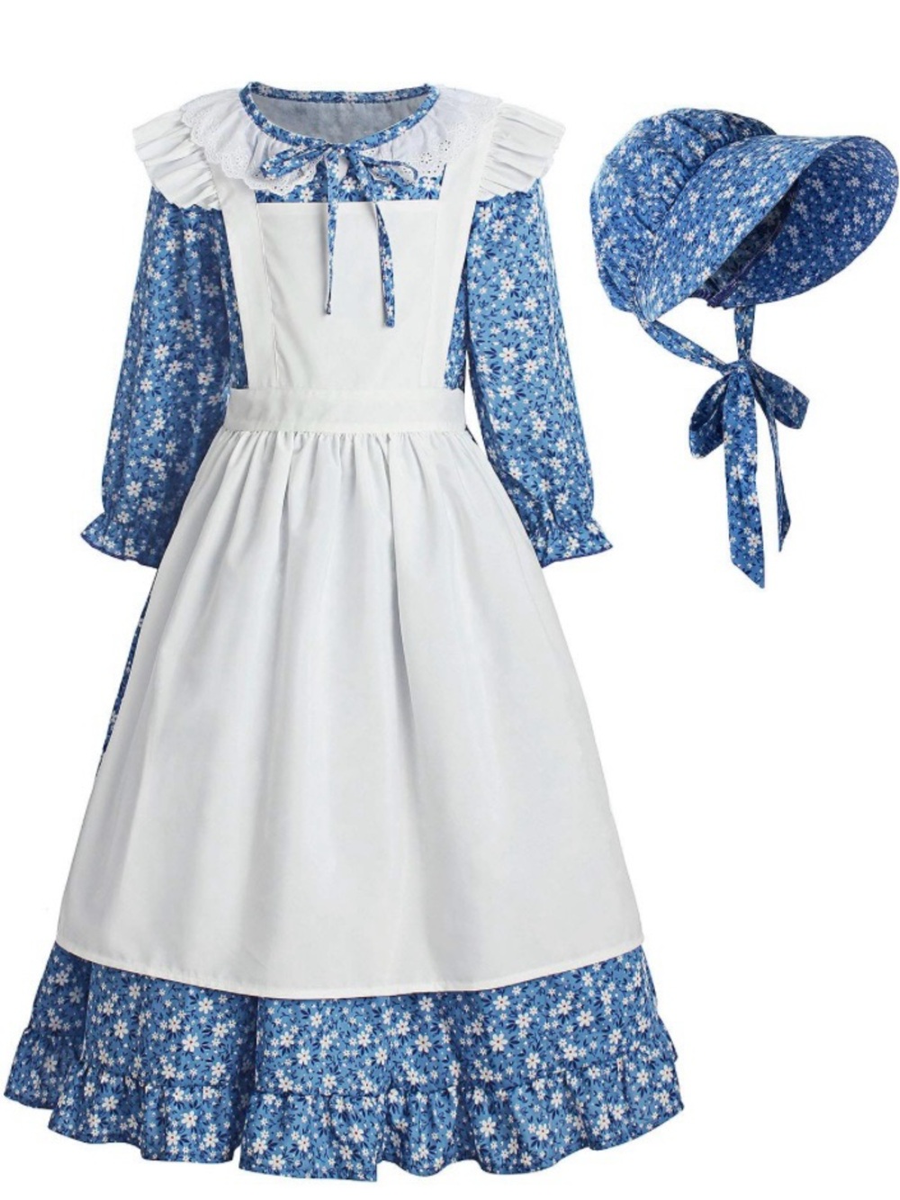Blue Floral Pioneer Girl Costume with White Apron and Bonnet